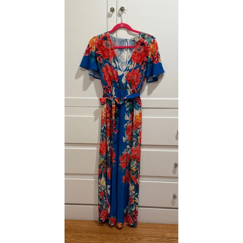 Blue Floral Wide Leg Jumpsuit XS Red Hibiscus Flutter Sleeve Wrap
